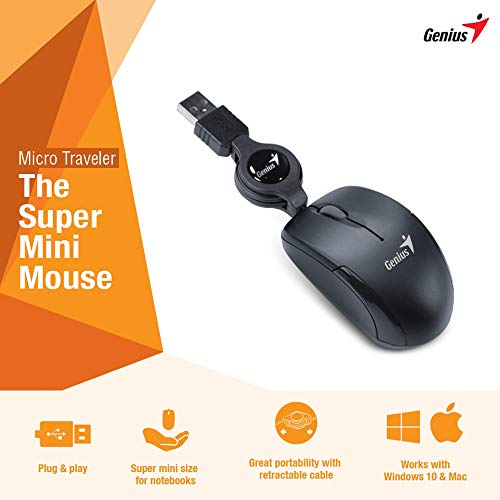 Genius Microtraveler Mouse con Cavo USB Retrattile, 3 Tasti, 1200 Dpi, Nero - 2