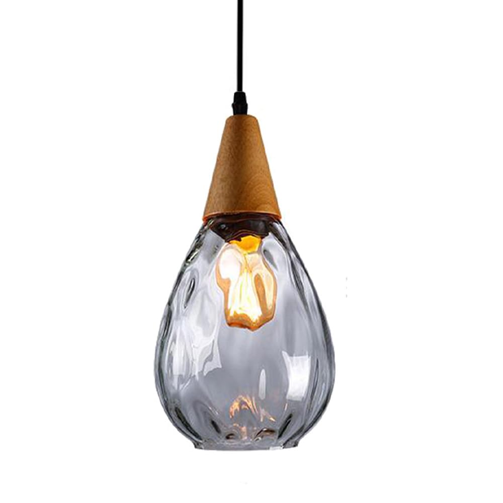Mjsdjof Creative Wooden Pendant Light with Water Pattern Glass Lampshade, Mini Drop-shaped Bedside Chandeliers, E27 Lighting Fixture, Simple Industrial Pendant Lamps for Corridor, Bedroom