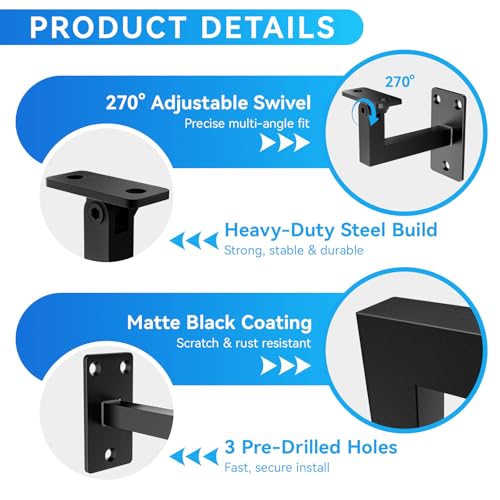 Adjustable Handrail Bracket 4 Pack, Heavy Duty Matte Black Stair Railing Brackets with 3-Hole Triangle Support, 270° Swivel Modern Wall Mount Hand Rail Support for Flat Wood or Steel Railings — view 3