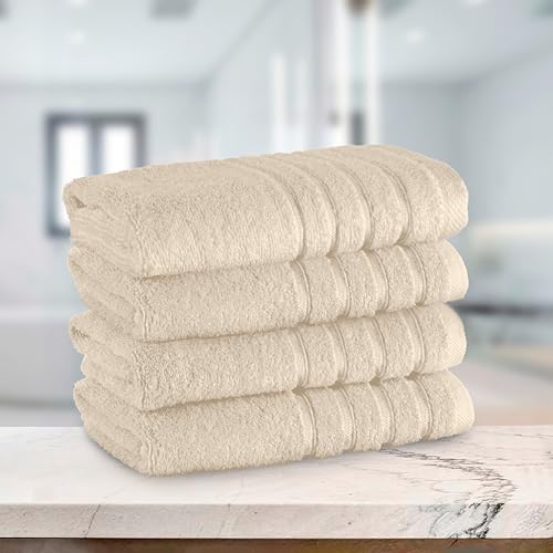 Image of Elegant Comfort 100% Turkish Cotton 4 Lines Viscose Stripe Luxury 4 Pack Hand Towel Set - Ultra Absorbent and Soft 16 x 28 Inch Premium Hotel Spa Quality Towels for Everyday Bath Use, Ivory