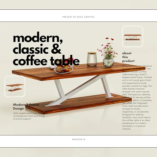 Image of Coffee Table /Center Table /tea table with Open Storage Shelf - Minimalist Sesham Wood Rectangular Center Table with white Z Shape metal fram for Living Room, Office, and Lounge Easy Assembly
