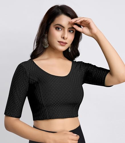 Image of TRENDMALLS Women's Dobby Pure Cotton Elastin Stretchable Readymade Round Neck Elbow Length Sleeves Blouse Choli Stylish Saree Blouse Ready to Wear