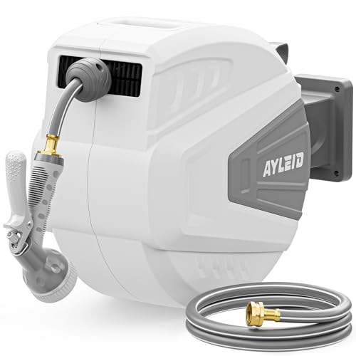 Ayleid Retractable Garden Hose Reel,1/2 in x 100 ft Wall Mounted Hose Reel, with 9- Function Sprayer Nozzle, Any Length Lock/Slow Return System/Wall Mounted/180°Swivel Bracket (Grey)