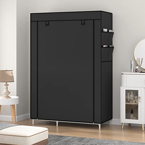 Calmootey Closet Storage Organizer,Portable Wardrobe With 6 Shelves And Clothes Rod,Non-Woven Fabric Cover With 4 Side Pockets,Black #TOP3
