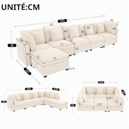 Sapgaks Canapé d'angle Convertible XXL en L,Pouf Amovible avec Espace de Rangement,Poches latérales,canapé Convertible 6 Places,5 Coussins,Chenille et gaufré,Beige – vue 2