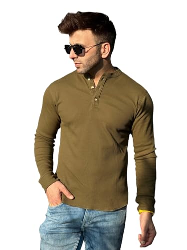 Image of GRITSTONES Men Self Waffle Knit Henley T-Shirt (GSHN-2H-01-BLK S)
