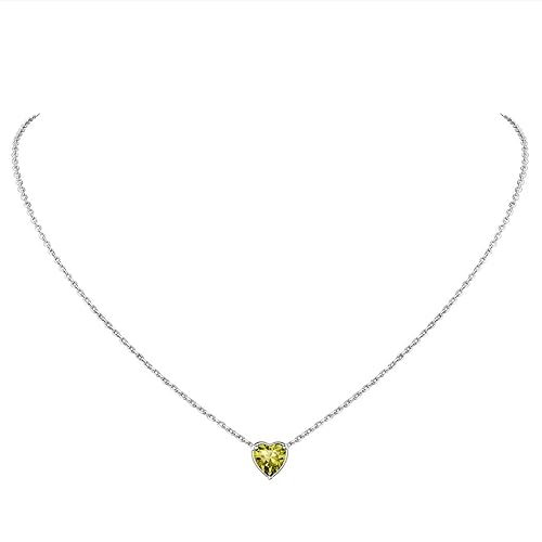 Suplight 925 Sterling Silver Round/Heart Crystal Birthstone Necklace/Stud Earrings, 6 Prong/3 Prong Dainty Small Crystal Jewelry for Women Girls (with Gift Box) - Necklace-08.heart Shape-august(created Peridot)