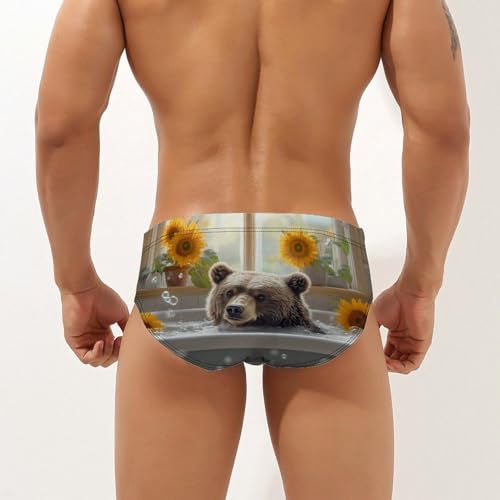 Funny Bear Bathroom Sunflower Men's Swimming Trunks Briefs Beach Swimwear Low Rise Bikini Swimsuit Print Bathing Suit2