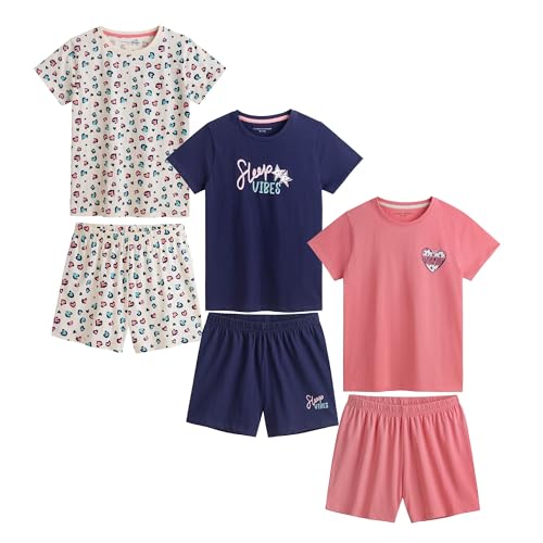 3 Pack Girls Shorty Pyjamas Sets 100% Cotton Comfortable Sleepwear with Elasticated Waist Short Sleeve Tops & Shorts Kids Nightwear Gift Set (UK, Age, 12 Years, 13 Years, Animal)