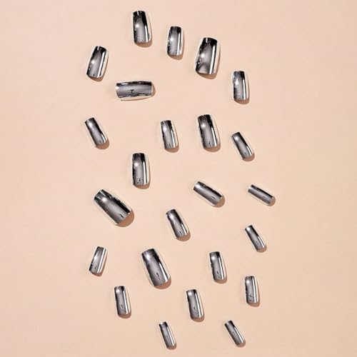 Ctthnbd Silver Press On Nails Square Medium Fake Nails Metallic Chrome False Nails Mirror Silver Acrylic Nails Press Ons Holographic Metal Chrome Glue On Nails Stick On Nails For Women Manicure 24Pcs thumb #1