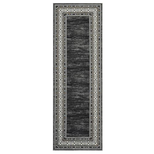 GlowSol Modern Runner Rug 2x6 Washable Bordered Hallway Runner Washable Rug Kitchen Runner Black Laundry Room Rug Runner Non Slip Non-Shedding Low Pile Soft Carpet Runner for Bathroom Bedroom Entry