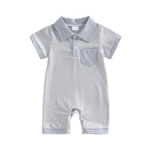 Image of FOCUSNORM Newborn Baby Boy Summer Clothes Short Sleeve Lapel Jumpsuit Collar Plaid Romper Onesie Cute Infant Baby Boy Outfit