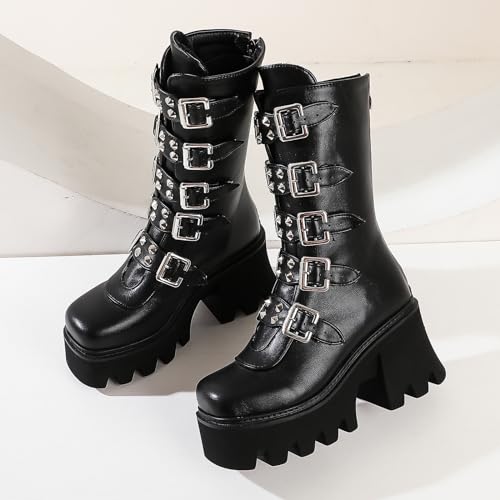 YIYA Black Platform Goth Boots for Women Studded Wide Mid Calf Combat Punk Boots Round Toe Buckle Chunky Heel Back Zipper Thick Sole Ankle Booties4