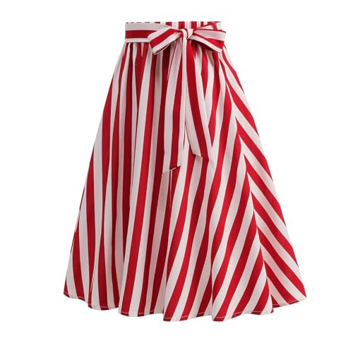 1950s Bow Skirts for Women Vintage Striped Midi Skirt High Waist A-Line Flared Skirt Office Casual Knee Length Stripes Skirts