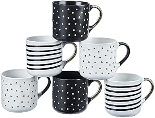 6pc Spotty & Stripy Black White & Gold Mug Set  12oz / 355ml Ceramic Stoneware Tea, Coffee & Hot Chocolate Mugs  Patterned Drinking Cups for Home or Office