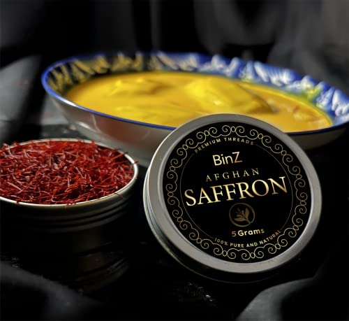Binz Organic Finest Premium A+ Grade Afghan Saffron Threads | Ranked #1 In The World | For Culinary Use Such As Tea, Paella, Juices, Risotto, Dessert And Milk | Super Negin Saffron Spice, Natural Golden Saffron From Our Farm To Your Kitchen( 5 Grams) #TOP1