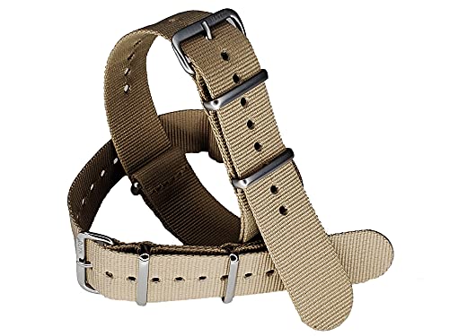 NATO G10 TAN Premium Ballistic Nylon Military Watchband 16mm 18mm 20mm 22mm 24mm Stainless Steel High Polished Buckles USA Stock (Satin Brushed Hardware, 20mm)