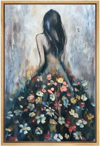 Color-Banner Framed Canvas Print Wall Art Abstract Woman with Flower Skirt Artistic Female Silhouette Modern Art for Living Room, Bedroom, Office - 16"x24" Natural