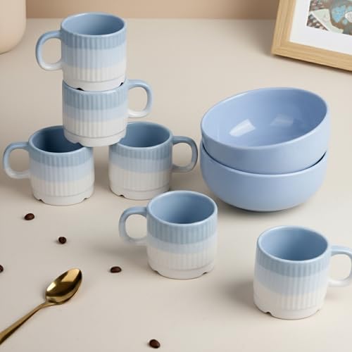 Image of The Earth Store Sky Blue Ceramic Snack Bowl & Tea Cup Combo | 2 Bowls + 6 Tea Cups(Fringe) | Microwave & Dishwasher Safe | Multipurpose Combo for Coffee, Snacking, Diwali Gifting