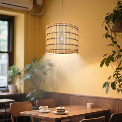 Image of Bamboo Lamp Shade with Colorful Geometric Pattern, Translucent Barrel Drum Shape, Modern Bohemian Minimalist Style for Table Floor Lamp, 11.8x9 Inch