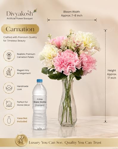 Image of Divyakosh Artificial Flowers Bunch (Vase Not Included), Pink & White Carnation Bouquet - 7 Flower Heads, Artificial Flower for Vase, Flower Bouquet Gift for Living Room,Table Office, Centerpiece