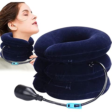 Cervical Neck Traction Device, Neck Support, Inflatable Neck Pillow, Neck Cervical Traction with Larger Pump, Timely Relief of Neck Pain-with Adjustable Size (Blue) Cover