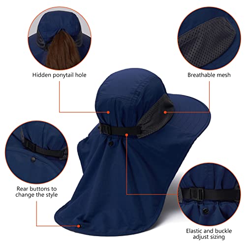 Image of BASSDASH UPF 50+ Unisex Water Resistant Wide Brim Sun Hat with Large Neck Flap Ponytail Fishing Hat for Men Women