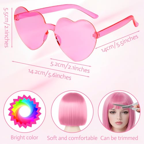 Image of MEEZY Pink Short Bob Wigs Straight Hair with Flat Bangs Heart Sunglasses for Women, Colorful Funny Cosplay Party Neon Wig Synthetic Natural As Real Carnival Halloween Costume