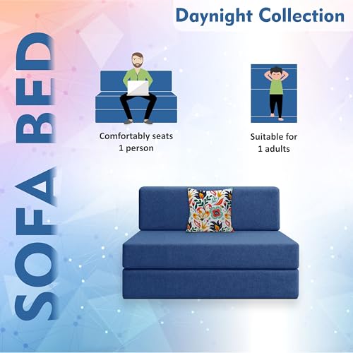 Image of Los Angeles Foldable One Seater Sofa Cum Bed, Sofa Bed 3 X 6 Feet Jute Fabric Washable Cover- Including Cushion Perfect for Living Room - Blue Color
