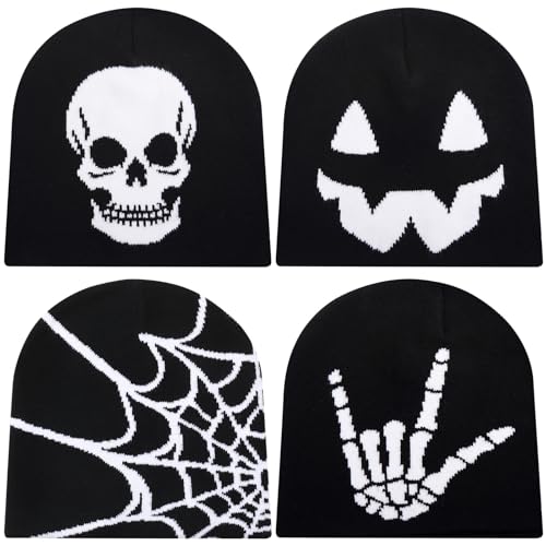 Image of Ramede 4 Pcs Y2k Beanie - Double Sided Graphic Beanies for Men and Women, Acrylic Knitted Y2k Hats Accessories