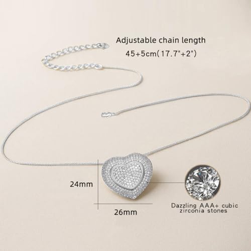 hooppoo Chuncky Cz Pave Heart Pendant Necklace for Women, Silver - image 5