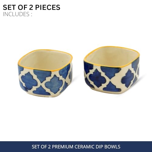 Image of Freakway Hand Painted White Ceramic Dip Bowls | Bowls Set of 2, 40Ml | Bowl for Serving Chutney Bowl /Pickle Bowl /Small (Moroccan Blue)