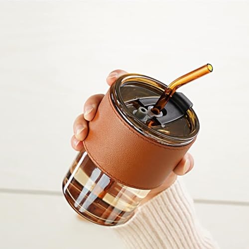Image of Glass Coffee Cup with Straw & Lid, Anti Skid Leather Sleeve Grip Handle Tumbler Mug for Hot & Cold Beverages,Tea Coffee Smoothies Juice 400ML(Set of 1)