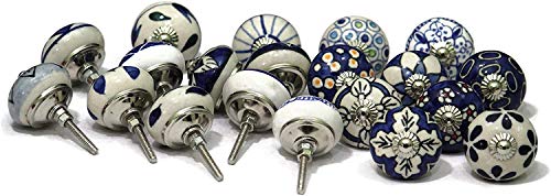 Image of Ceramic Vintage Assorted Blue Pottery Drawer, Door Knobs and Pulls Handle for Kitchen Cabinets Home Interior D�cor (20, Blue) Pack of 20
