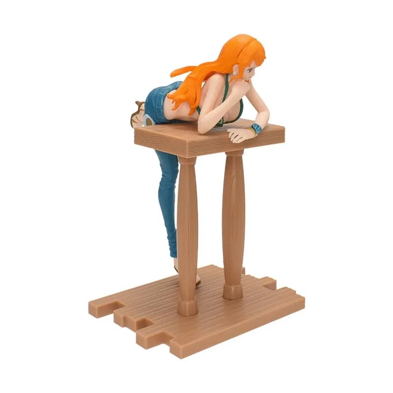 Image of One Piece Nami Grandline Journey Style Action Figure | 17cm Nami Figure Leaning Pose in Green Bikini & Tight Blue Jeans with Wooden Base Figure for Table & Desk Decor, Gift For Anime Fans