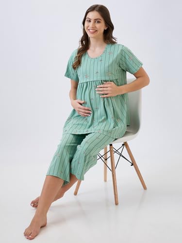Image of AV2 Women's Cotton Printed Maternity & Feeding Night Suit Set of Top & Relaxed Capri Nursing Night Dress -2124
