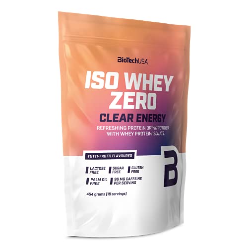 BioTechUSA Iso Whey Zero Clear Energy, Erfrischendes Proteingetränkepulver mit Molkeeiweiß-Isolat, Koffein, Riboflavin und Süßungsmitteln, Laktose-, gluten-, zucker- und fettfrei, 454 g, Tutti-Frutti