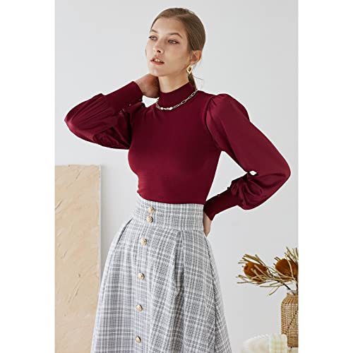 Image of CHICWISH Women's Mock Neck Satin Spliced Bubble Sleeves Knit Top