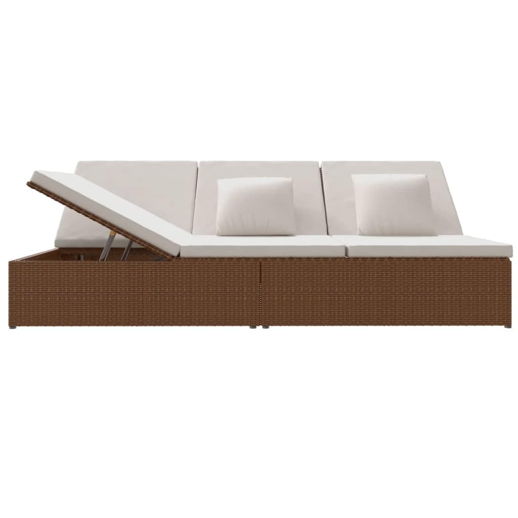 Leżak do opalania z poduszkami, polirattan, brązowy, 200 x 121 cm, łóżko ogrodowe i sofa, regulowany, z poduszkami, odporny na warunki atmosferyczne, na taras, balkon, basen, do wypoczynku