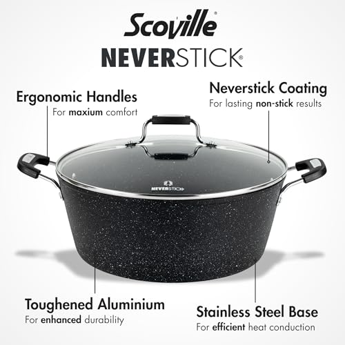 Scoville NEVERSTICK 32cm Stock Pot with Lid, Large Non-Stick Deep Cooking Pot, 8L, Suitable for All Hobs Including Induction, Perfect for Batch Cooking, Dishwasher Safe, PFOA Free, Aluminium, Black