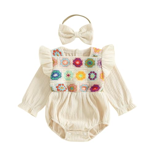 Baby Infant Girl Romper Crochet Flying Long Sleeve Bodysuit With Bow Headband 2 Pcs Set Fall Clothes (Beige, 0-3 Months)