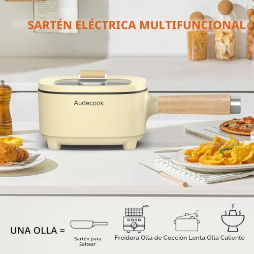 Miniatura 3 de Audecook - Olla Eléctrica De 2 Litros, De Cerámica Antiadherente De 8 Pulgadas, Sartén Eléctrica Multifunción Para Recámara, Hogar, Oficina, Viajes, Hotel, Con Doble Ajuste De Potencia Beige