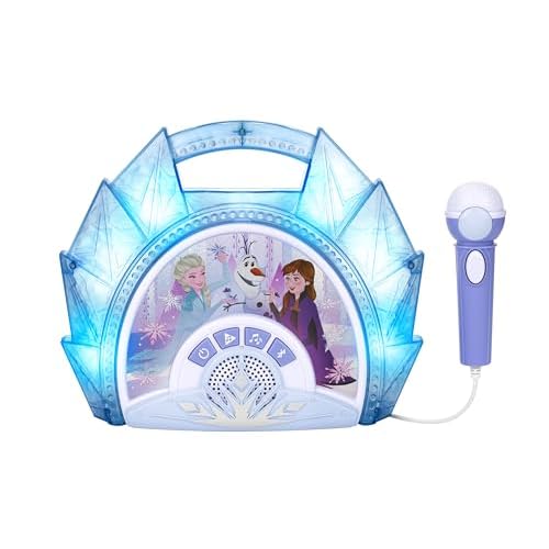 eKids Frozen Sing Along Boom Box Speaker with Microphone for Fans of Frozen Toys for Girls, Kids Karaoke Machine with Built in Music and Flashing Lights , Blue, 3.5mm Audio Jack