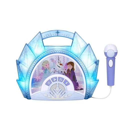 eKids Frozen Sing Along Boom Box Speaker with Microphone for Fans of Frozen Toys for Girls, Kids Karaoke Machine with Built in Music and Flashing Lights , Blue, 3.5mm Audio Jack