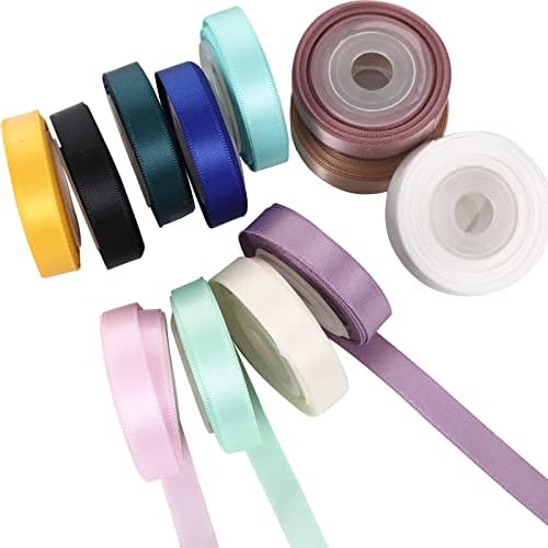 Double Faced Satin Ribbon 3/8 Inch 12 Colors 60 Yard Silk Fabric Ribbon Assorted Ribbon Set Perfect for Gift Wrapping,Bow Making,DIY Crafts,Baby Shower (3/8''-5yards-12rolls, 12colors)