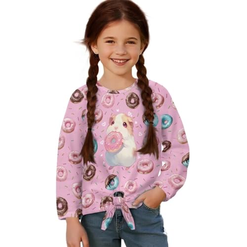 Girls Kids Sweatshirts Tie Front Top Crew Neck Pullover Long Sleeves Casual Fall Winter Clothes for 5-14 Teens