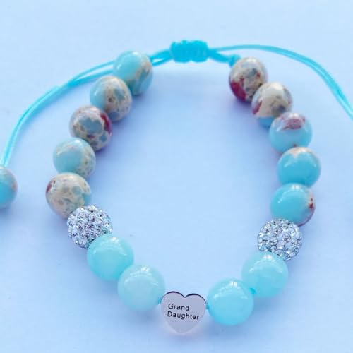 DOLON Blue Natural Stone Stainless Steel Heart Granddaugther Charm Bracelet Adjustable Jewelry Back to School Birthday Christmas Holiday Gift