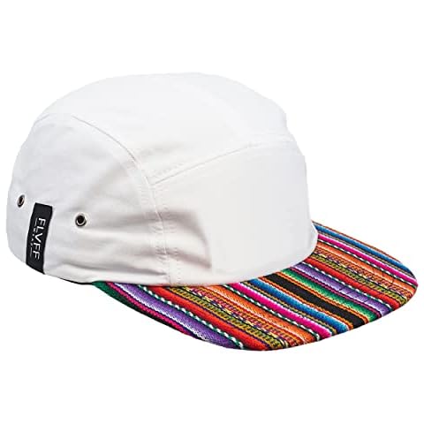 FLVFF 5 Panel Hat for Men Women Flat Brim Baseball Cap Urban Street Camper Hats (F2) (White Aguayo) Cover