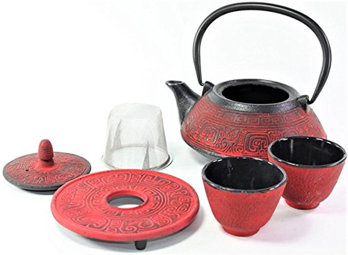 Japanese Antique 24 Fl Oz Dragonfly Cast Iron Teapot Tetsubin With Infuser Tea Set With Trivet (Red) #TOP25
