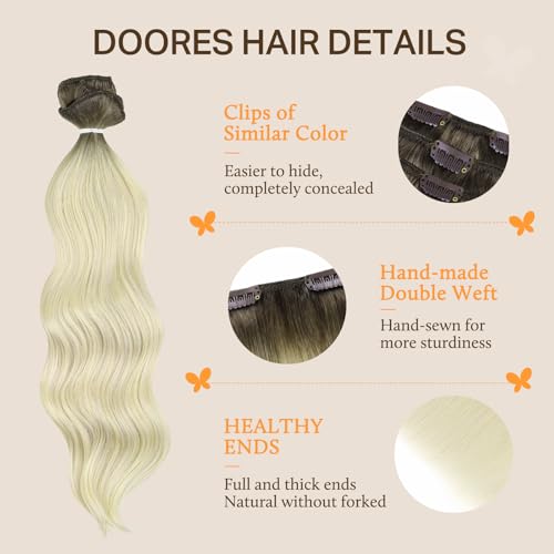 Image of DOORES Human Hair Extensions Clip in Light Ash Brown to Ash Blonde, 150g 9pcs 14 Inch, Remy Straight Thick Hair